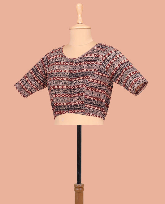 Black and Maroon Cotton Readymade Blouse Detailed with All-Over Geometric Motifs Print, Front Round Neck, Back Round Neck, and Elbow Sleeves
