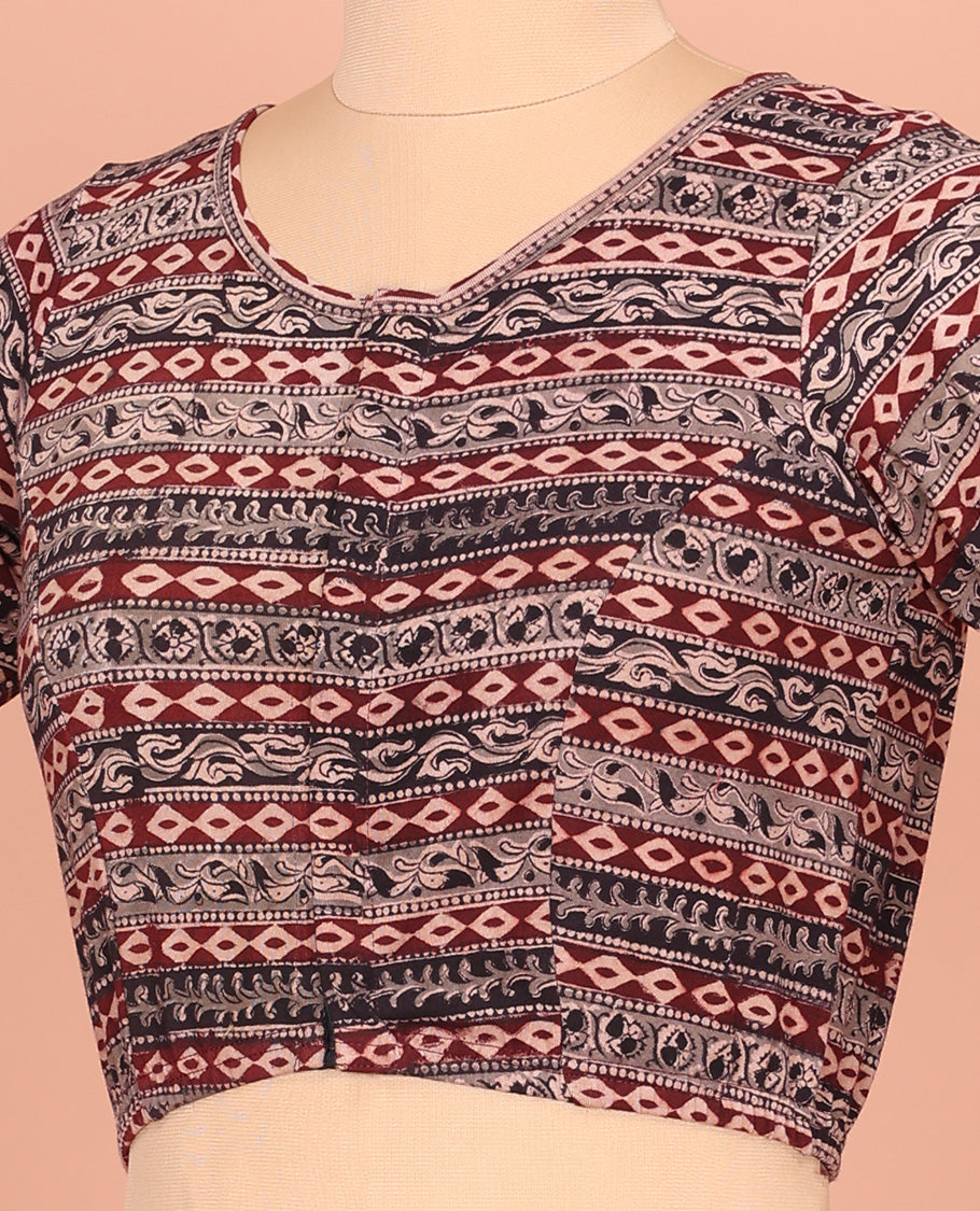 Black and Maroon Cotton Readymade Blouse Detailed with All-Over Geometric Motifs Print, Front Round Neck, Back Round Neck, and Elbow Sleeves