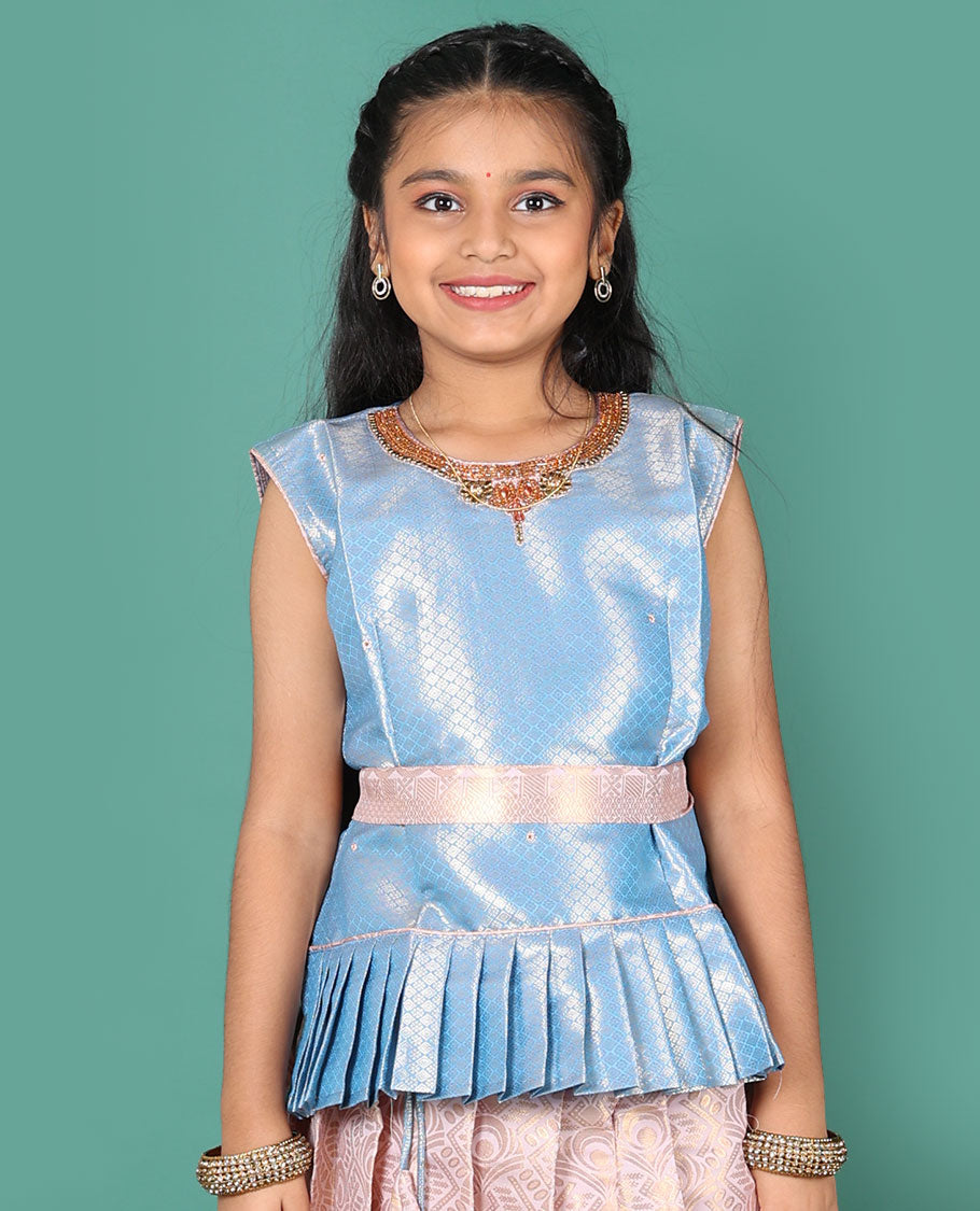 Sandal readymade art silk pavadai, jacquard skirt & contrast jacquard round neck embroidered sleeveless blouse