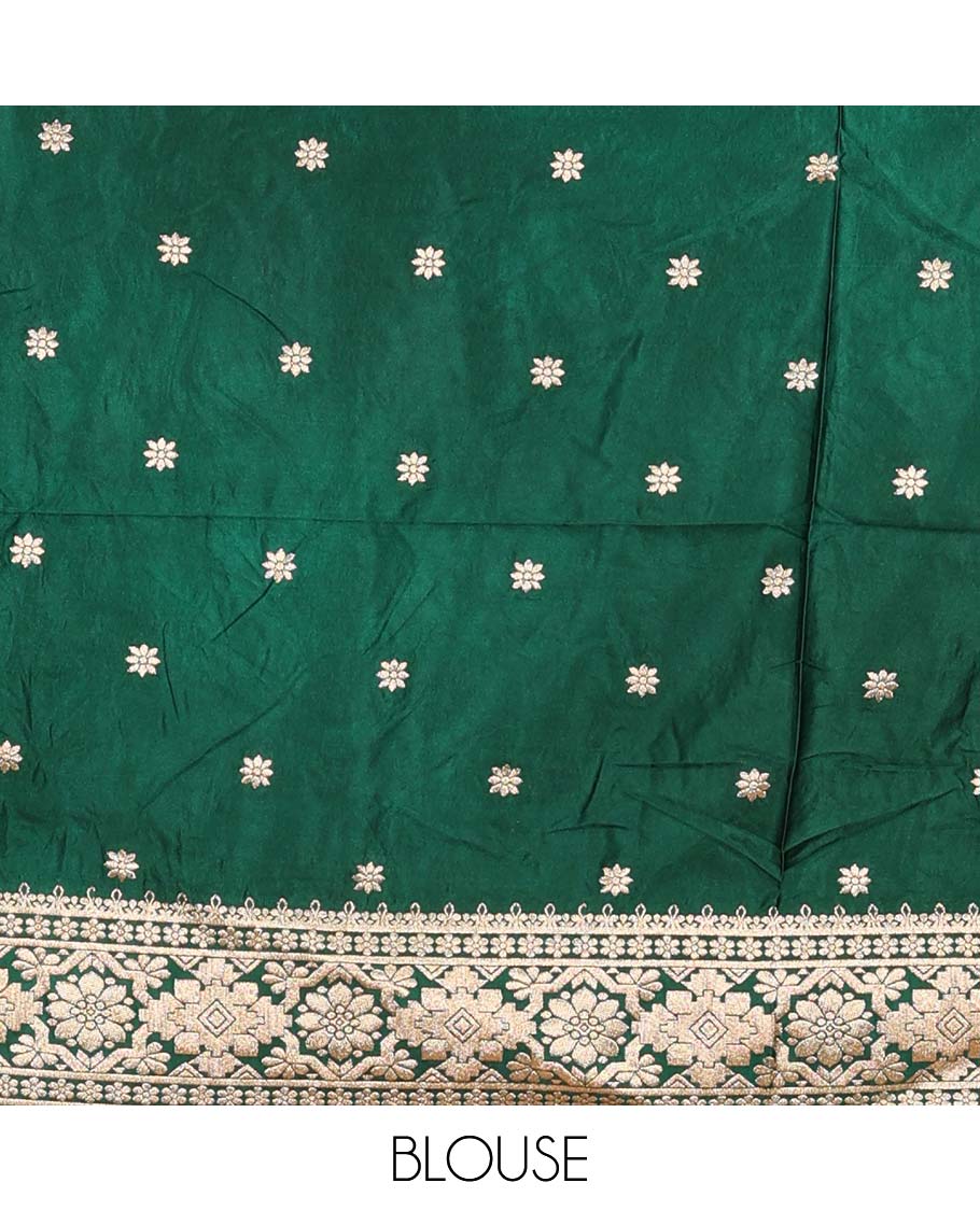 Red lehenga set, intricate motifs with contrast Mughal style bordered skirt, jacquard blouse, and banarasi zari design dhavani