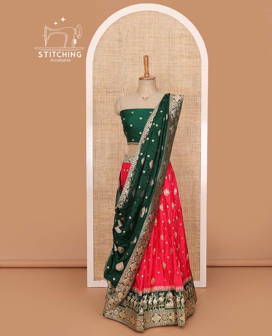 Red lehenga set, intricate motifs with contrast Mughal style bordered skirt, jacquard blouse, and banarasi zari design dhavani