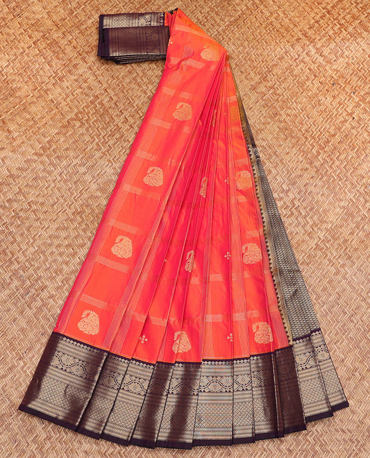 Orange Budget Silk Saree, Gracefully Embellished with Zari Butta Enclosed Checks, Contrast Traditional Zari Border, Grand Jaal Pallu, and a Contrast Blouse