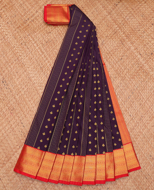 Purple Budget Silk Saree, Mesmerized with Zari Buttas and Stripes, Complemented by a Contrast Traditional Border, Geometric Pallu, and a Contrast Blouse