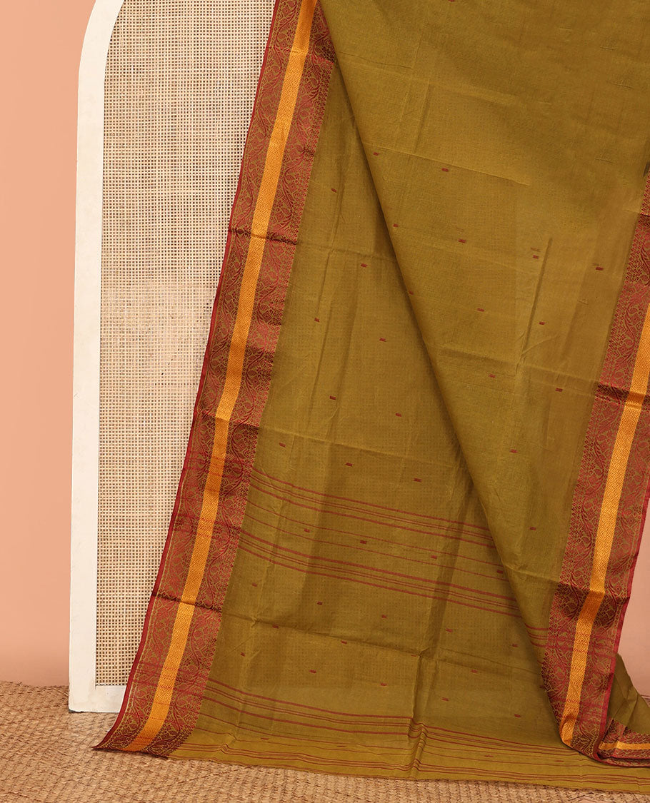 Green Bengal Cotton Saree, Delicately Woven with Thread Buttas, a Floral Creeper Thread Border, Self-Pallu, and No Blouse