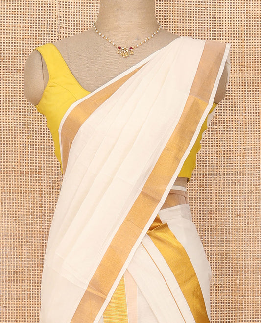 Cream plain design Kerala mundu set, zari bavanji border