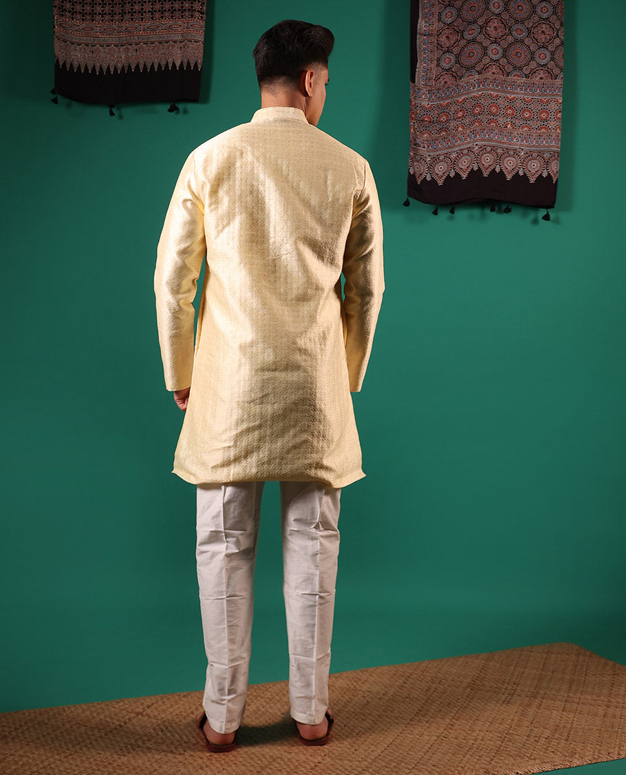 Gold unique patterns embossed full-sleeved men's kurta set