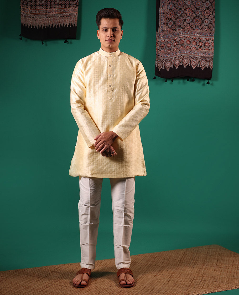 Gold unique patterns embossed full-sleeved men's kurta set