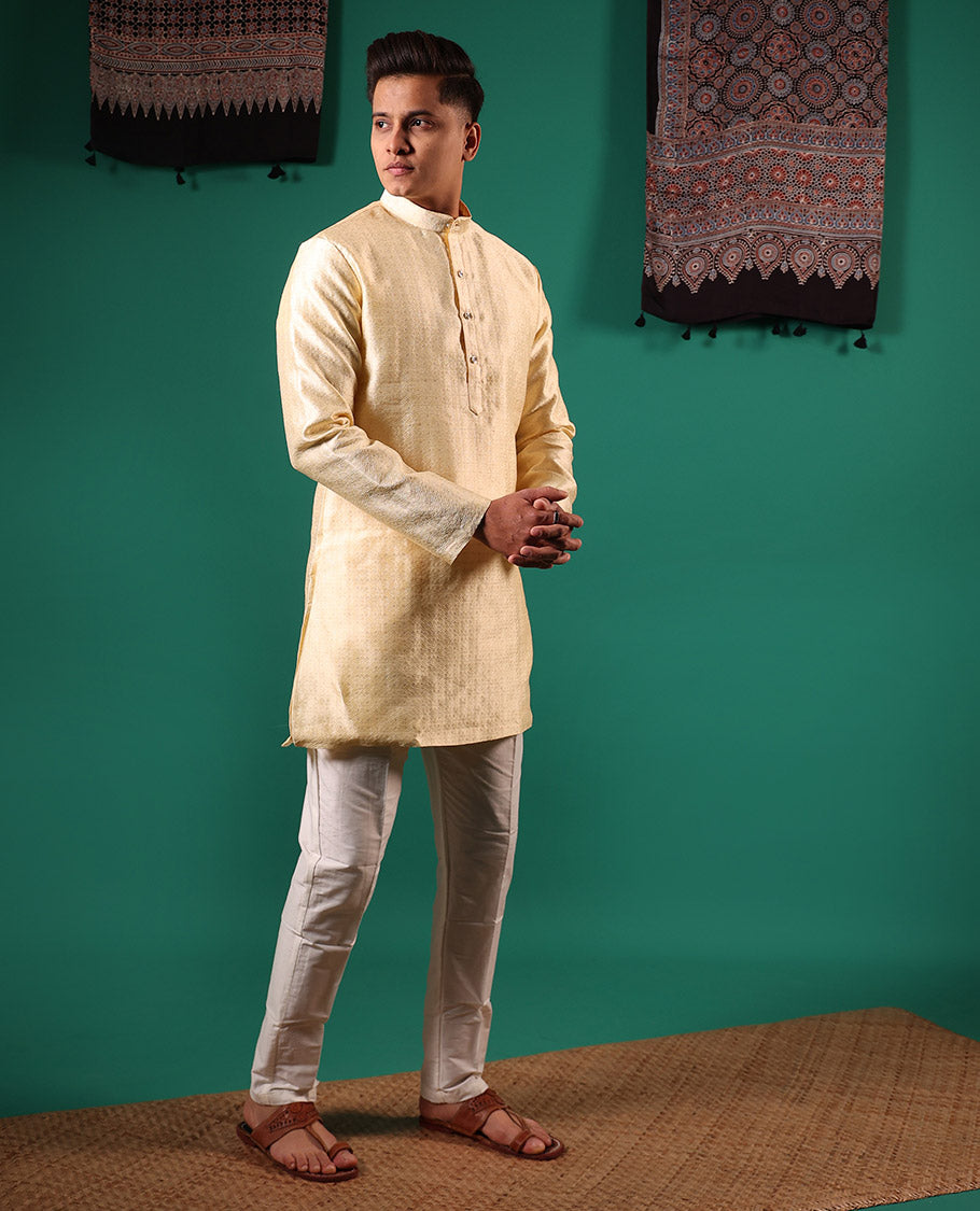 Gold unique patterns embossed full-sleeved men's kurta set