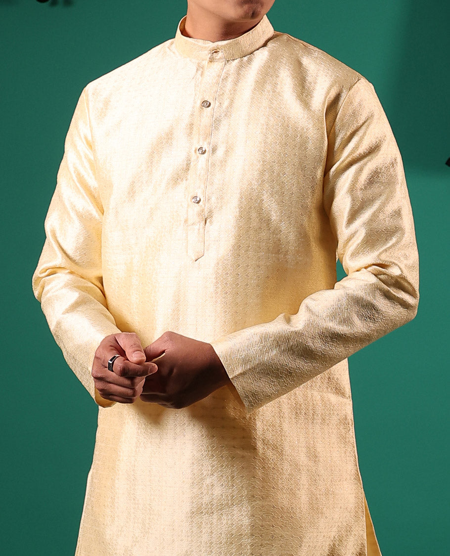 Gold unique patterns embossed full-sleeved men's kurta set