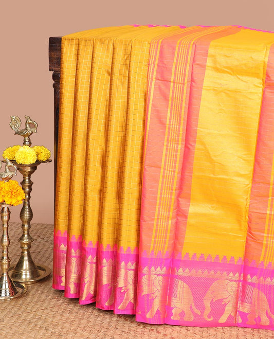 Mustard zari checked design dola silk saree with contrast elephant design border & chit pallu along with checked design blouse