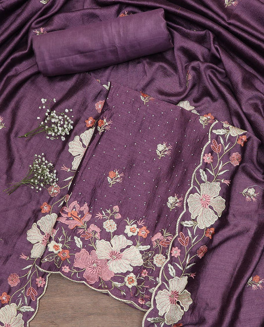Purple material chudidar set, floral theme thread and stone embroidered top, plain bottom and scallop floral embroidered dupatta