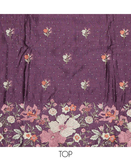 Purple material chudidar set, floral theme thread and stone embroidered top, plain bottom and scallop floral embroidered dupatta