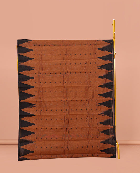 Mustard Kanchi Cotton Saree, Elevated with Buttas on Its Body, Complemented by a Contrast Temple Border, a Pallu of Intricate Designs, and Paired with a Contrast  Blouse