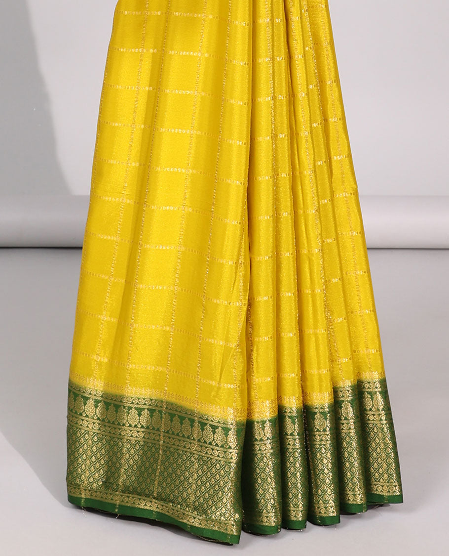 Yellow checked zari with floral embroidery mysore silk saree , contrast zari border & striped zari pallu