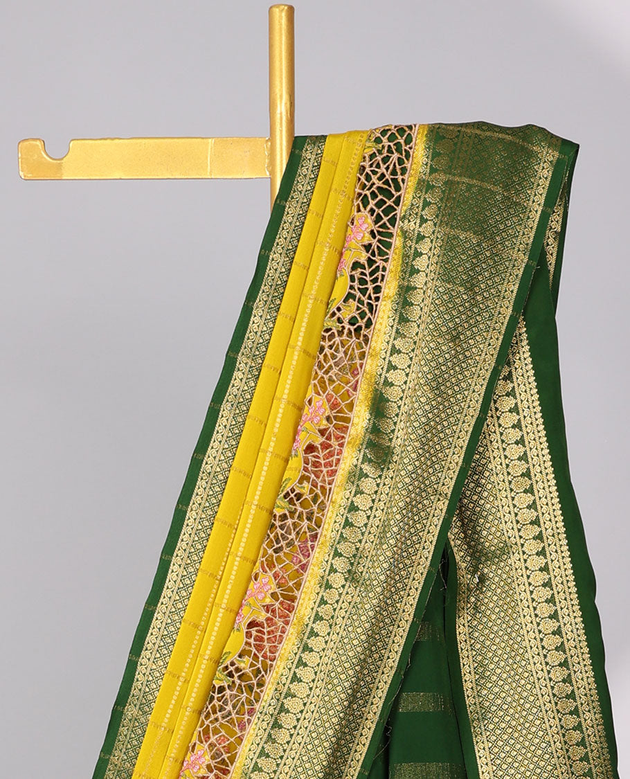 Yellow checked zari with floral embroidery mysore silk saree , contrast zari border & striped zari pallu
