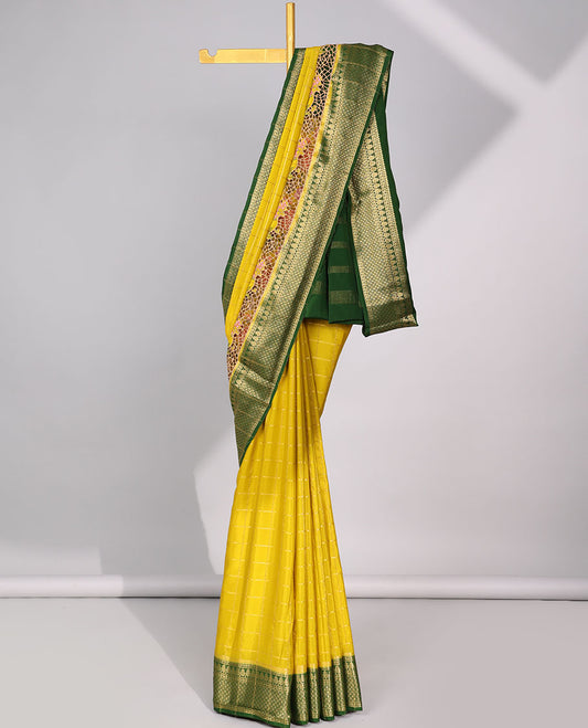 Yellow checked zari with floral embroidery mysore silk saree , contrast zari border & striped zari pallu