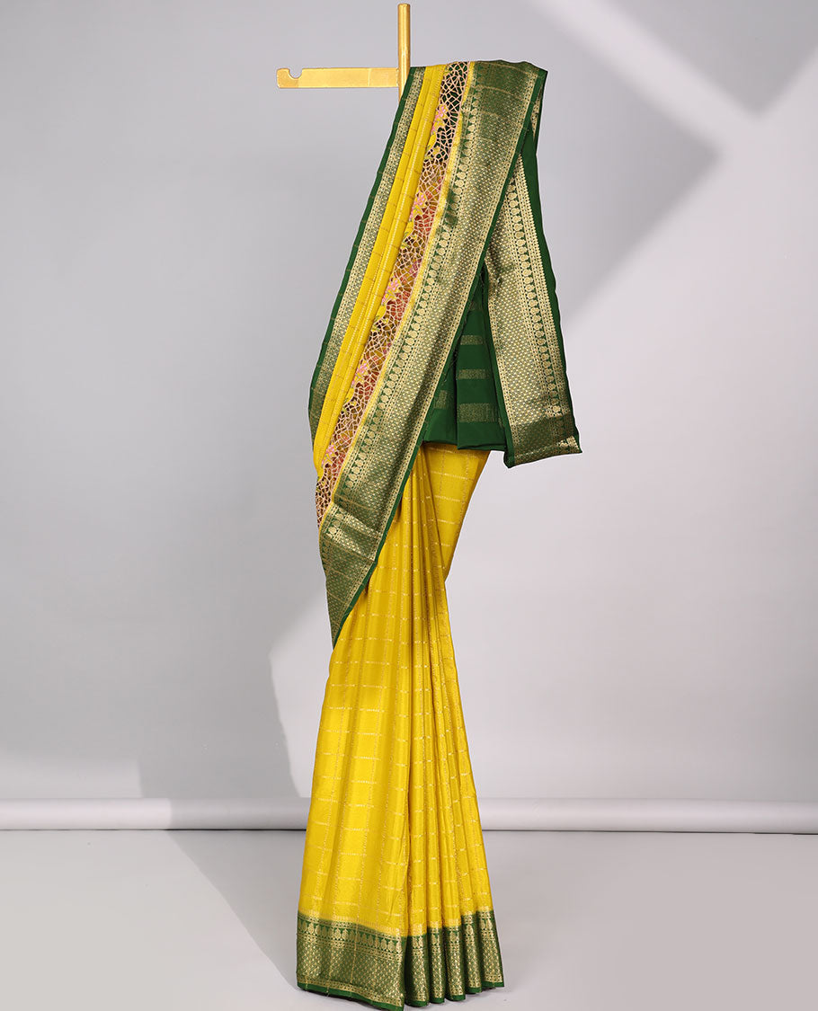 Yellow checked zari with floral embroidery mysore silk saree , contrast zari border & striped zari pallu