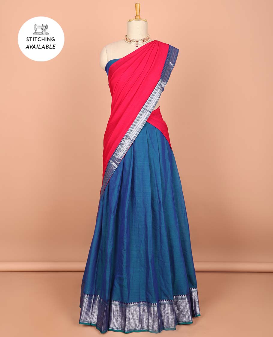 Violet cotton half saree with contrast zari border, plain blouse & plain with zari border dhavani