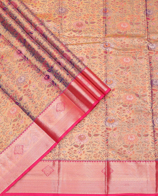 Gold-Base Art Silk Pavadai Material Set, Mesmerized with Floral Jacquard on Its Skirt, Complemented by a Contrast Traditional Zari Design Border, and Paired with a Contrast Blouse