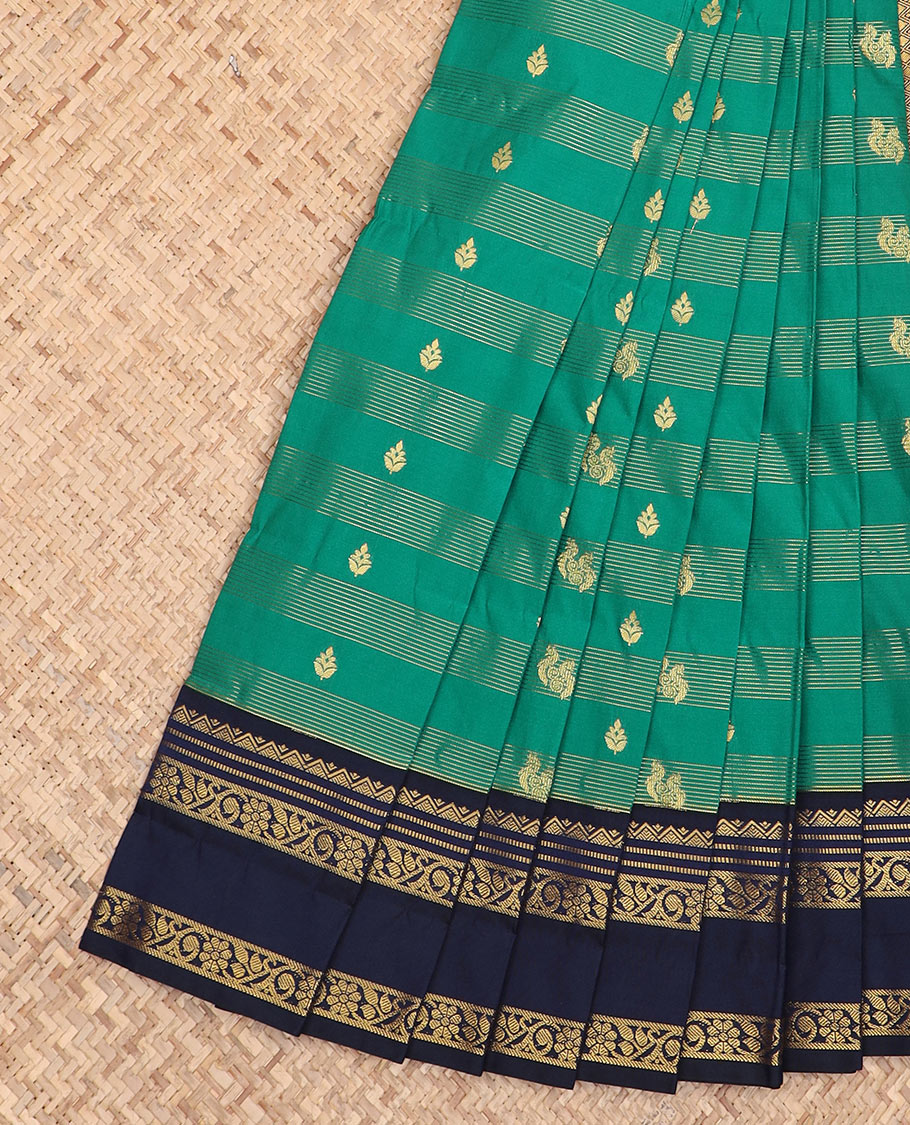Green zari buttas and striped budget silk saree, contrast traditional zari rettai pettu border, and jaal pallu