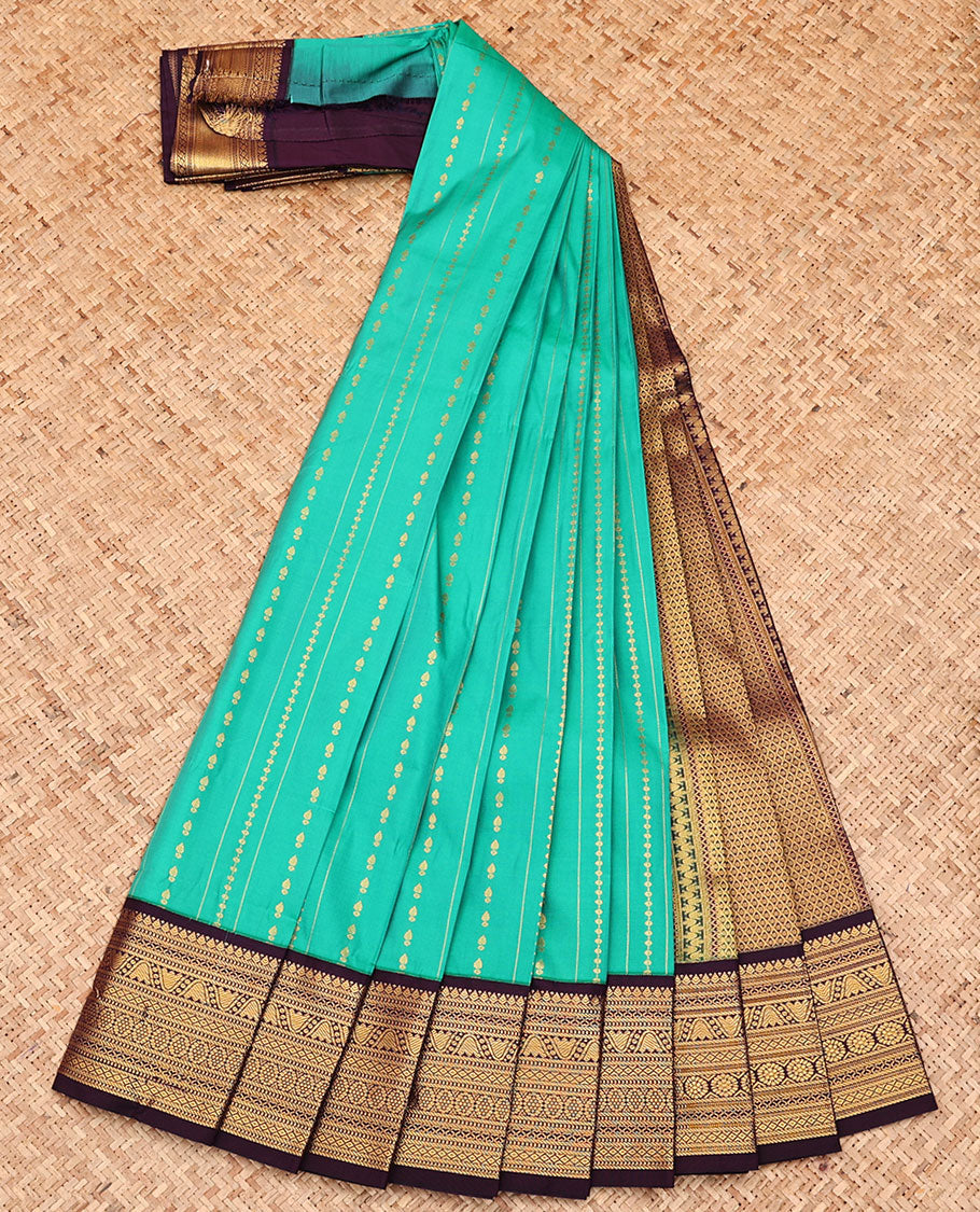 Green Budget Silk Saree, Detailed with Zari Buttas and Stripes All Over Its Body, Complemented by a Contrast Traditional Zari Design Border, Grand Jaal Pallu, and Paired with a Contrast Blouse