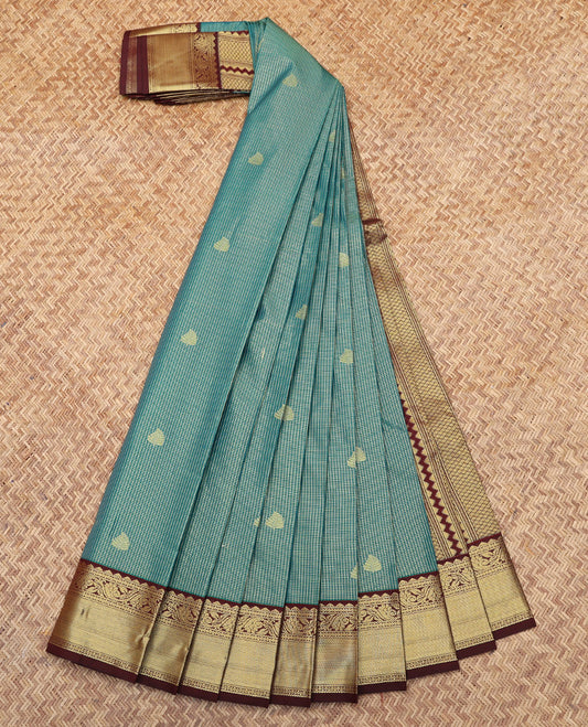 Green Budget Silk Saree, Detailed with Zari Buttas and Checks, Complemented by a Contrast Traditional Border, Grand Pallu, and a Contrast Blouse