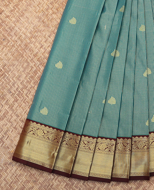 Green Budget Silk Saree, Detailed with Zari Buttas and Checks, Complemented by a Contrast Traditional Border, Grand Pallu, and a Contrast Blouse