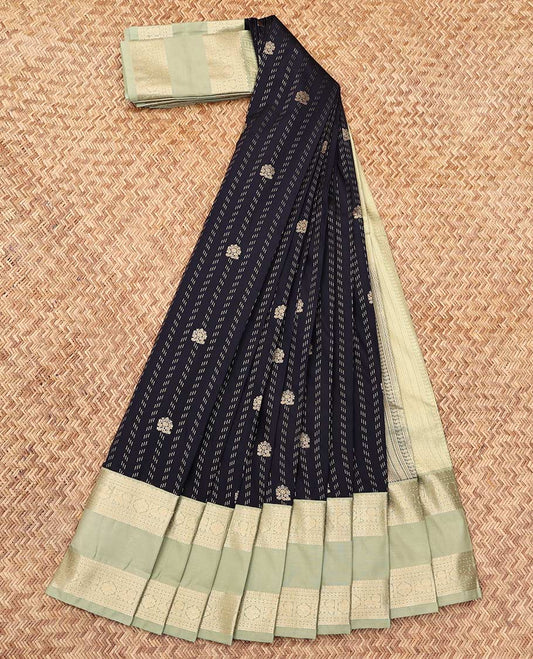 Navy Budget Silk Saree, Detailed with Zari Buttas, Complemented by a Contrast Traditional Zari Rettai Pettu Border, Geometric Pallu, and a Contrast Blouse