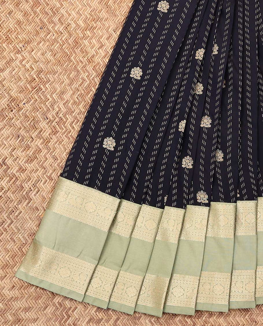 Navy Budget Silk Saree, Detailed with Zari Buttas, Complemented by a Contrast Traditional Zari Rettai Pettu Border, Geometric Pallu, and a Contrast Blouse