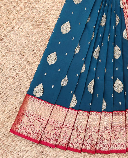 Blue Budget Silk Saree, Woven with Zari Buttas, Contrast Traditional Zari Border, Grand Pallu, and a Contrast Blouse