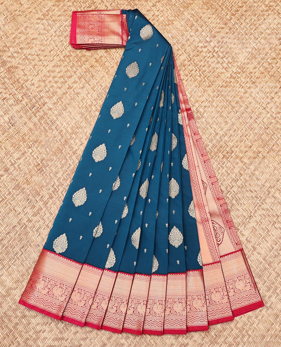 Blue Budget Silk Saree, Woven with Zari Buttas, Contrast Traditional Zari Border, Grand Pallu, and a Contrast Blouse