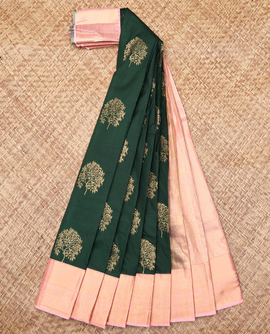 Green Budget Silk Saree, Enriched with Zari Buttas, Complemented by a Contrast Traditional Zari Border, Intricate Pallu, and a Contrast Blouse