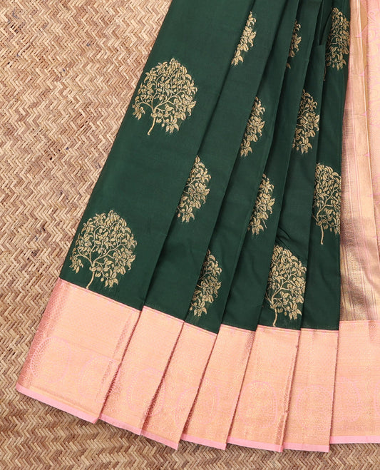 Green Budget Silk Saree, Enriched with Zari Buttas, Complemented by a Contrast Traditional Zari Border, Intricate Pallu, and a Contrast Blouse
