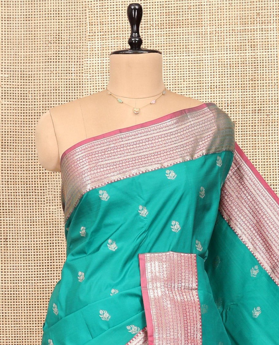 Green Budget Silk Saree, Finely Crafted with Zari Buttas, Complemented by Contrast Traditional Zari Border, Pallu of Jaal and Paisleys, and Contrast Blouse