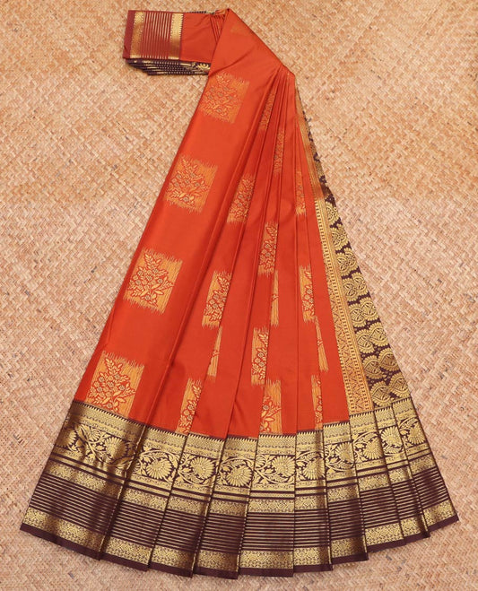 Orange Budget Silk Saree, Adorned with Zari Buttas All Over Its Body, Complemented by Contrast Traditional Zari Designs Woven Border, Grand Pallu and Paired with a Contrast Blouse