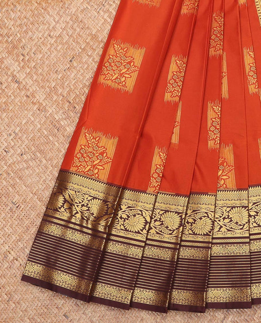 Orange Budget Silk Saree, Adorned with Zari Buttas All Over Its Body, Complemented by Contrast Traditional Zari Designs Woven Border, Grand Pallu and Paired with a Contrast Blouse