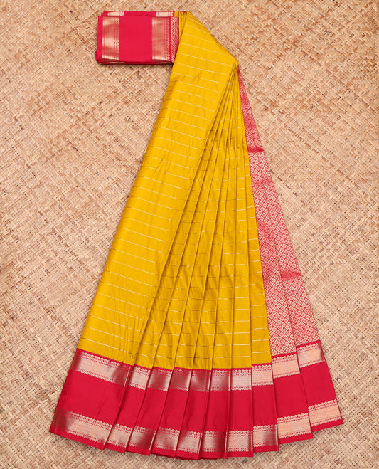 Yellow Budget Silk Saree, Delicately Woven with Zari Stripes All Over Its Body, Complemented by a Contrast Traditional Zari Designs Woven Rettai Pettu Border, Pallu of Jaal Designs, and Paired with a Contrast Blouse