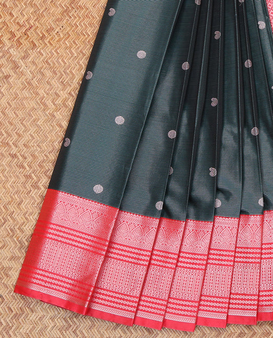 Dark Green Budget Silk Saree, Featuring Zari Buttas and Stripes All Over Its Body, Complemented by a Contrast Traditional Zari Design Border, Grand Jaal Pallu, and Paired with a Contrast Blouse