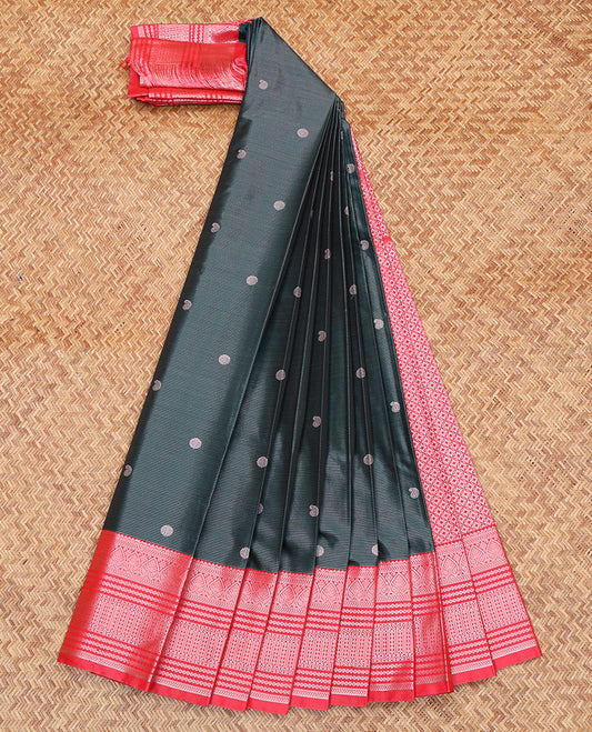 Dark Green Budget Silk Saree, Featuring Zari Buttas and Stripes All Over Its Body, Complemented by a Contrast Traditional Zari Design Border, Grand Jaal Pallu, and Paired with a Contrast Blouse