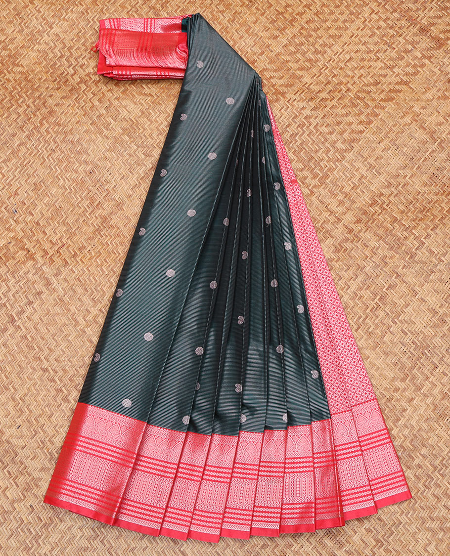 Dark Green Budget Silk Saree, Featuring Zari Buttas and Stripes All Over Its Body, Complemented by a Contrast Traditional Zari Design Border, Grand Jaal Pallu, and Paired with a Contrast Blouse