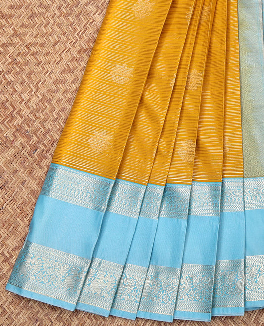 Yellow Budget Silk Saree, Elevated with Zari Buttas and Stripes on Its Body, Complemented by a Contrast Traditional Zari Designs Woven Rettai Pettu Border, Grand Pallu, and Paired with a Contrast Blouse