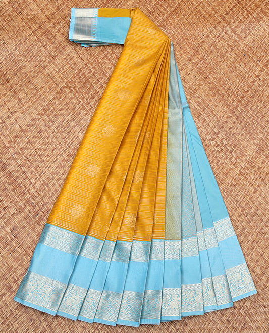 Yellow Budget Silk Saree, Elevated with Zari Buttas and Stripes on Its Body, Complemented by a Contrast Traditional Zari Designs Woven Rettai Pettu Border, Grand Pallu, and Paired with a Contrast Blouse