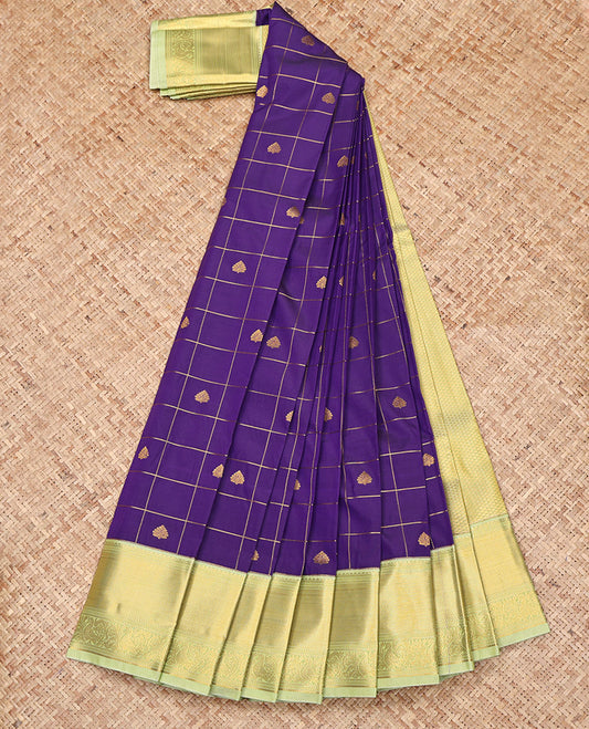 Violet Budget Silk Saree, Accentuated with Zari Butta Enclosed Checks on Its Body, Complemented by a Contrast Traditional Zari Border, Jaal Pallu, and Paired with a Contrast Blouse