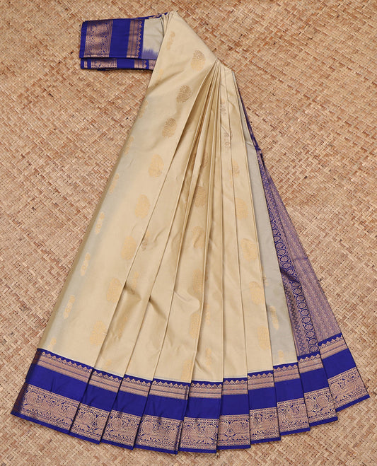 Beige Budget Silk Saree, Subtly Sparkled with Zari Buttas All Over Its Body, Complemented by a Contrast Traditional Zari Design Rettai Pettu Border, Grand Pallu, and Paired with a Contrast Blouse