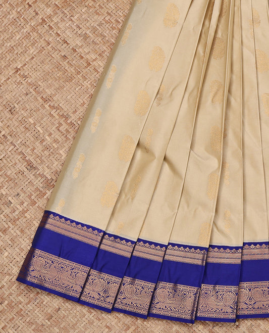 Beige Budget Silk Saree, Subtly Sparkled with Zari Buttas All Over Its Body, Complemented by a Contrast Traditional Zari Design Rettai Pettu Border, Grand Pallu, and Paired with a Contrast Blouse