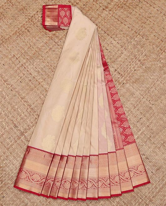 Sandal Budget Silk Saree, Sparsely Woven with Zari Buttas on Its Body, Complemented by a Contrast Traditional Zari Border, Grand Pallu, and Paired with a Contrast Blouse