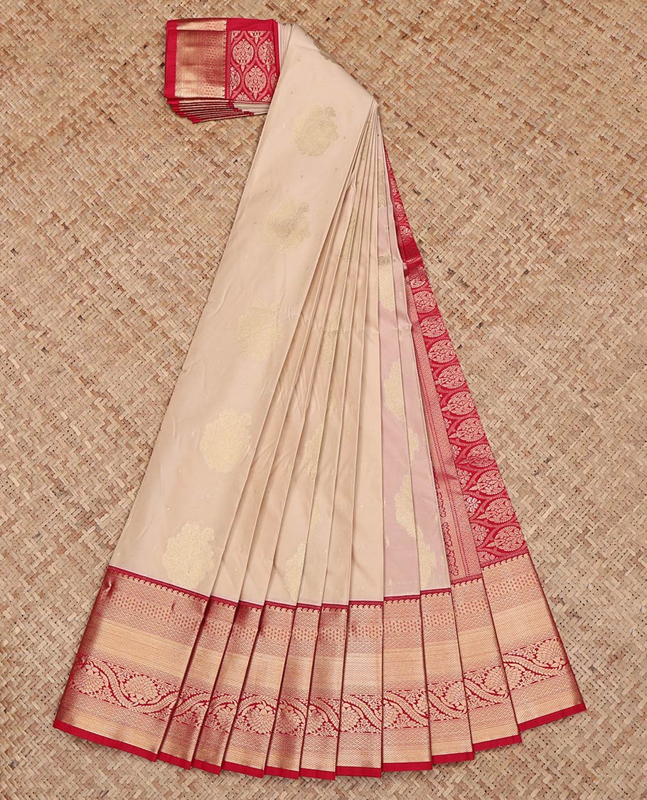 Sandal Budget Silk Saree, Sparsely Woven with Zari Buttas on Its Body, Complemented by a Contrast Traditional Zari Border, Grand Pallu, and Paired with a Contrast Blouse