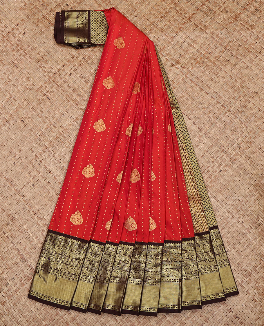Red Budget Silk Saree, Steeped in Richness of Zari Buttas All Over Its Body, Complemented by a Contrast Traditional Zari Design Border, Grand Jaal Pallu, and Paired with a Contrast Blouse