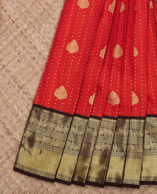 Red Budget Silk Saree, Steeped in Richness of Zari Buttas All Over Its Body, Complemented by a Contrast Traditional Zari Design Border, Grand Jaal Pallu, and Paired with a Contrast Blouse