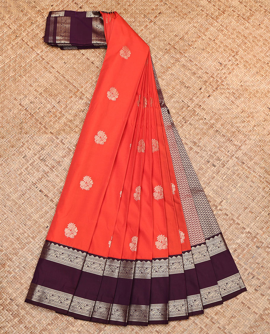 Rust Budget Silk Saree, Bedecked with Zari Buttas, Complemented by a Contrast Traditional Zari Rettai Pettu Border, Pallu of Jaal Designs, and a Contrast Blouse